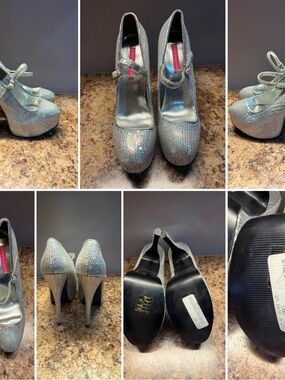 Bordello Teeze-07 Silver Sequin Platform Mary Jane Heels - Women